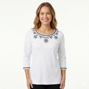 Alfred Dunner Women's Large White Gingham Floral Embroidered Rhinestone Knit Top